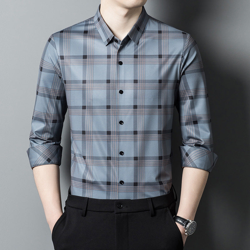 Men Long Sleeve Button-Up Shirt -Tailored Plaid Style