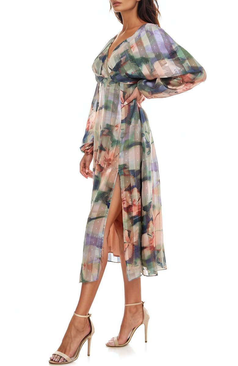 Elegant Floral Chiffon Midi Dress – Sheer Long Sleeve V-Neck Party Dress