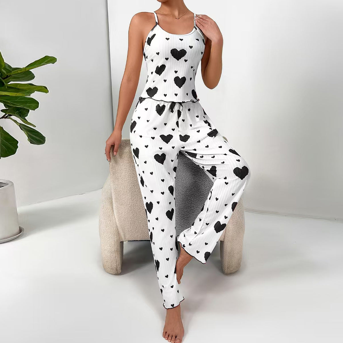 Women Heart Print Pajama Set – Cami Top & Lounge Pants Sleepwear