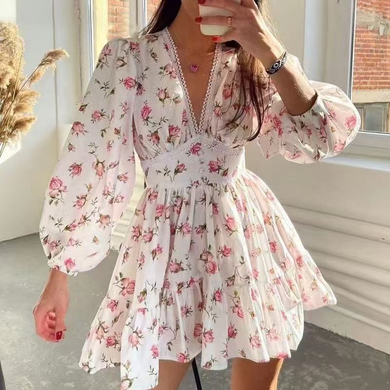 Women Floral Chiffon Mini Dress – Long Sleeve Boho V-Neck Dress