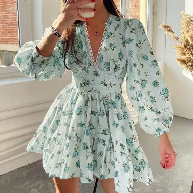 Women Floral Chiffon Mini Dress – Long Sleeve Boho V-Neck Dress