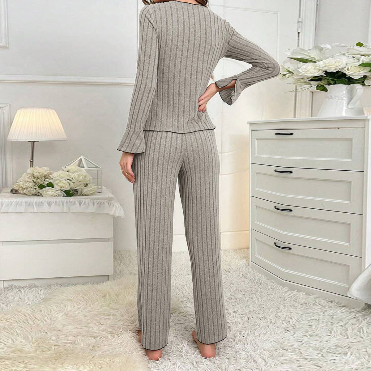 Women Ribbed Knit Pajama Set – Long Sleeve Button Top & Pants