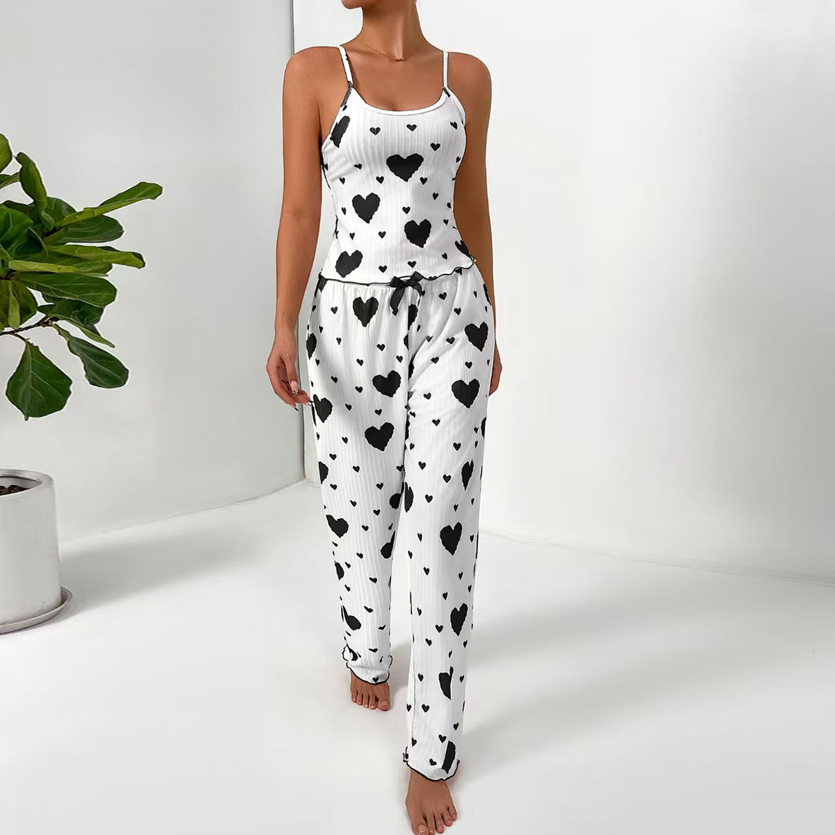 Women Heart Print Pajama Set – Cami Top & Lounge Pants Sleepwear