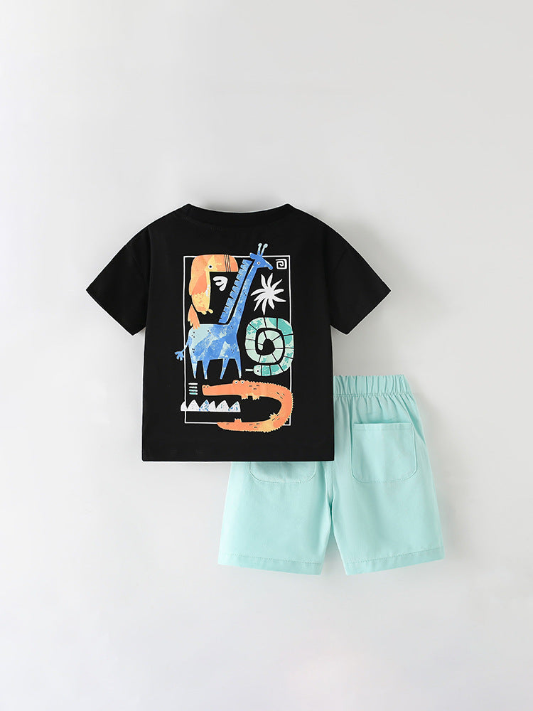 Boys Summer Outfit – Black Animal Graphic T-Shirt & Mint Shorts Set