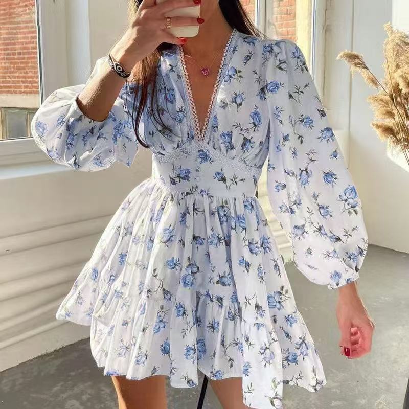 Women Floral Chiffon Mini Dress – Long Sleeve Boho V-Neck Dress