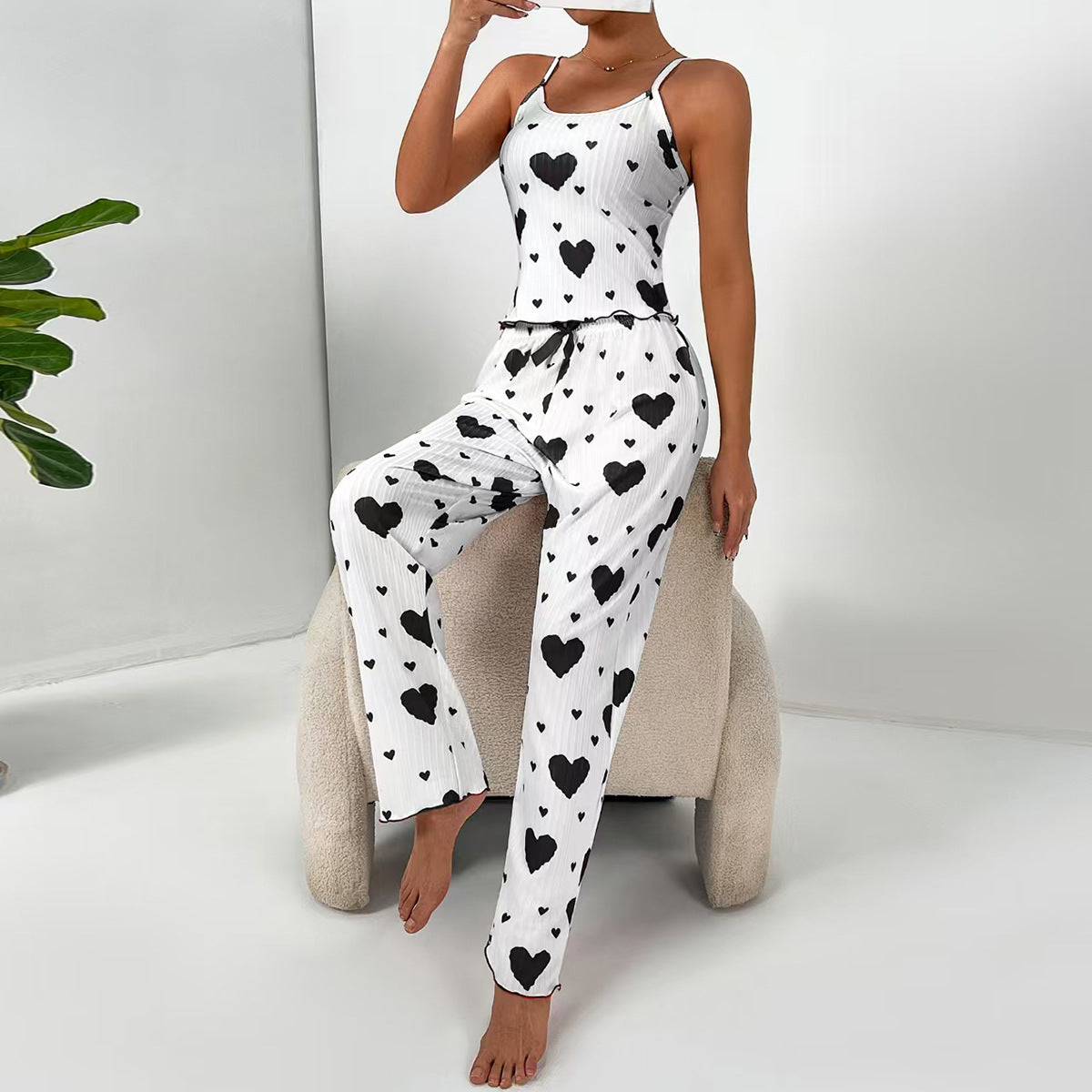 Women Heart Print Pajama Set – Cami Top & Lounge Pants Sleepwear
