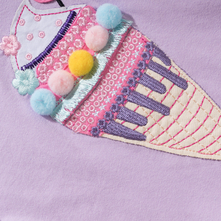 Girls Ice Cream T-Shirt – Ruffle Hem Cotton Tee in Lilac Purple
