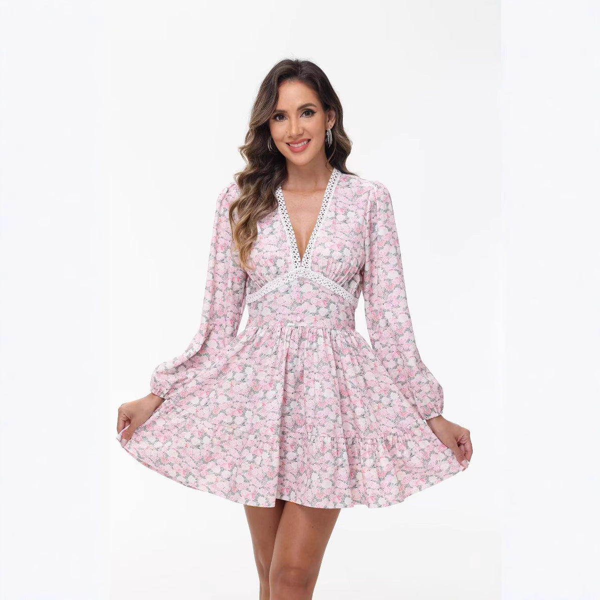 Women Floral Chiffon Mini Dress – Long Sleeve Boho V-Neck Dress