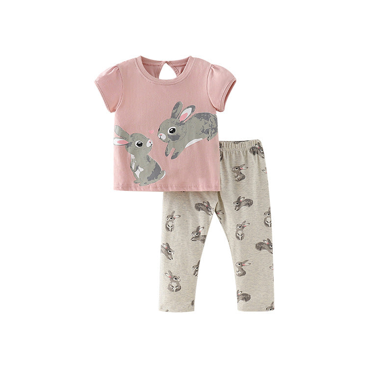 Girls Bunny Pajama Set – Soft Cotton Short Sleeve Top & Pants