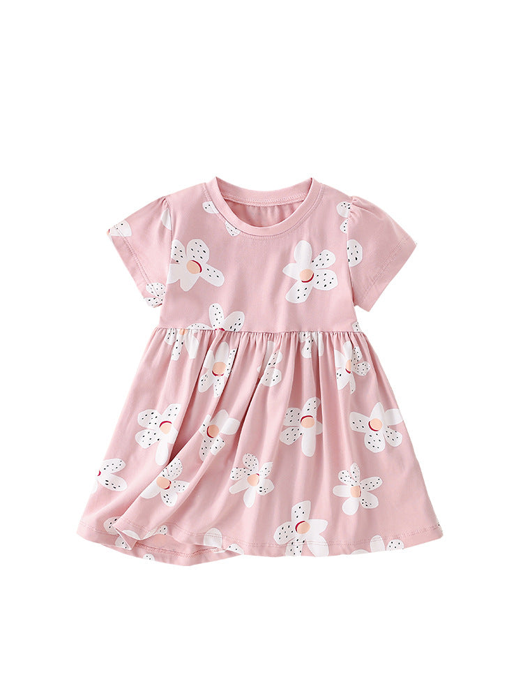Girls Pink Floral Dress – Short Sleeve Cotton Summer Dress for Toddlers