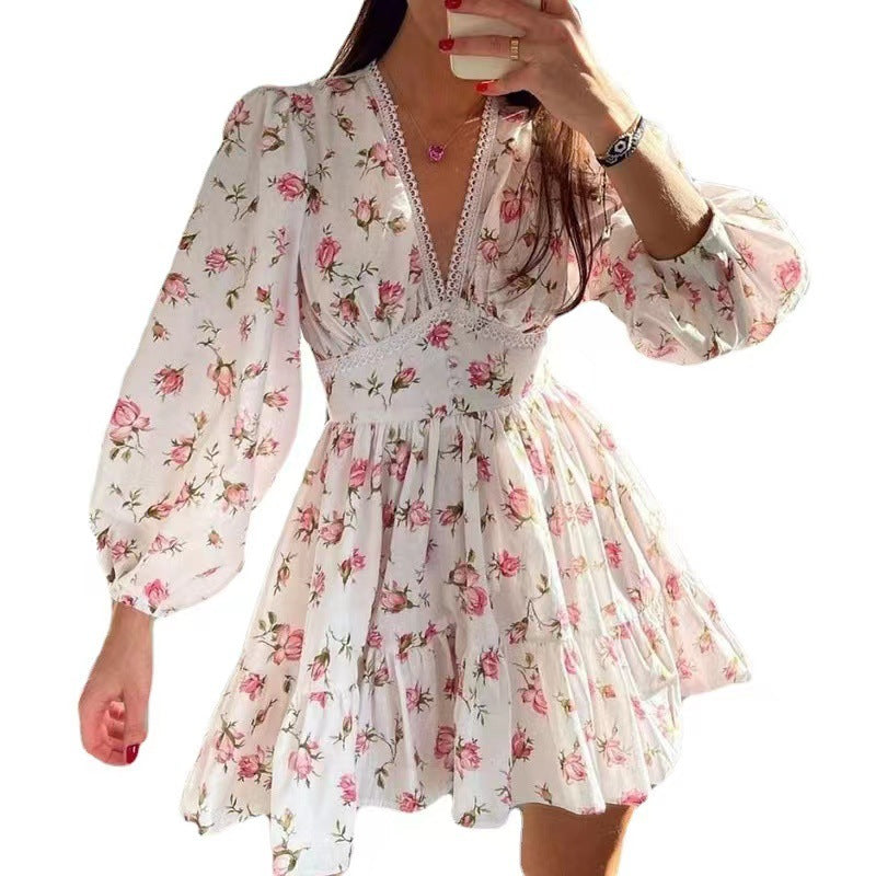 Women Floral Chiffon Mini Dress – Long Sleeve Boho V-Neck Dress