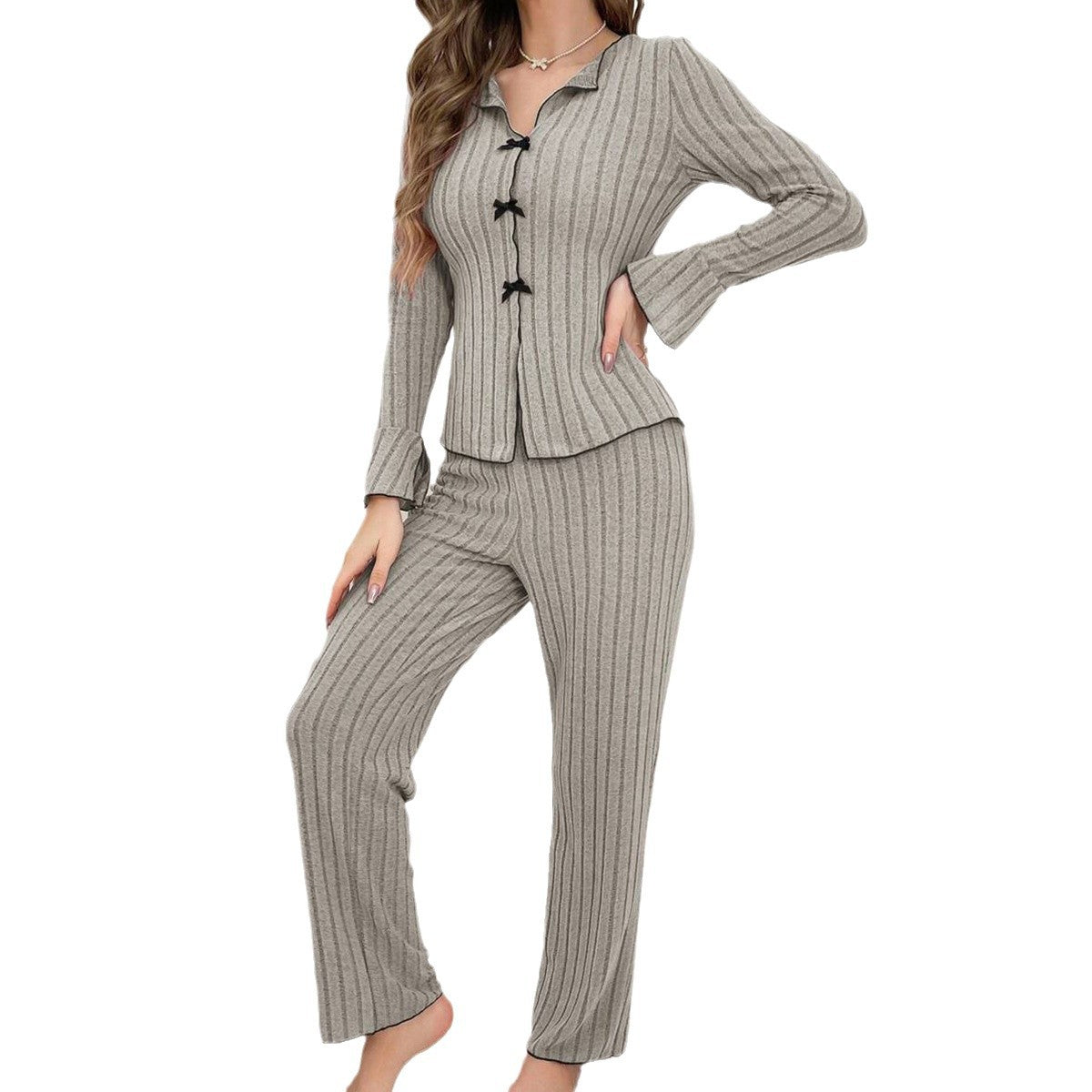 Women Ribbed Knit Pajama Set – Long Sleeve Button Top & Pants