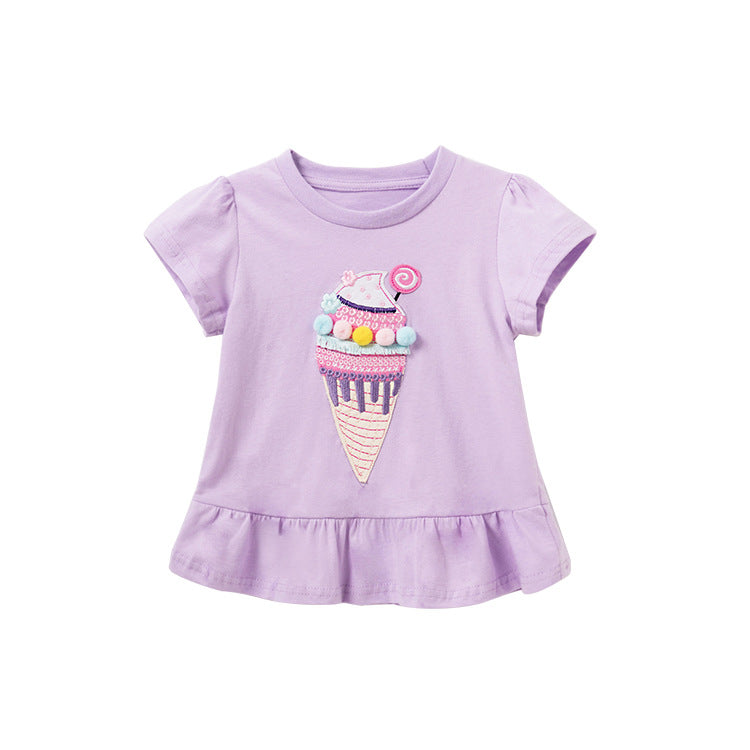 Girls Ice Cream T-Shirt – Ruffle Hem Cotton Tee in Lilac Purple