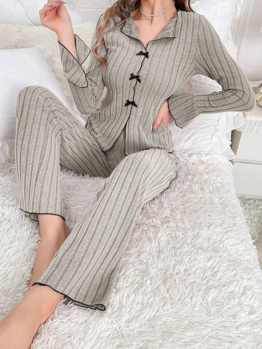 Women Ribbed Knit Pajama Set – Long Sleeve Button Top & Pants