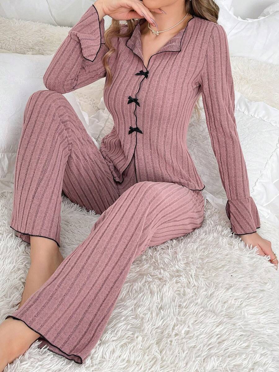 Women Ribbed Knit Pajama Set – Long Sleeve Button Top & Pants