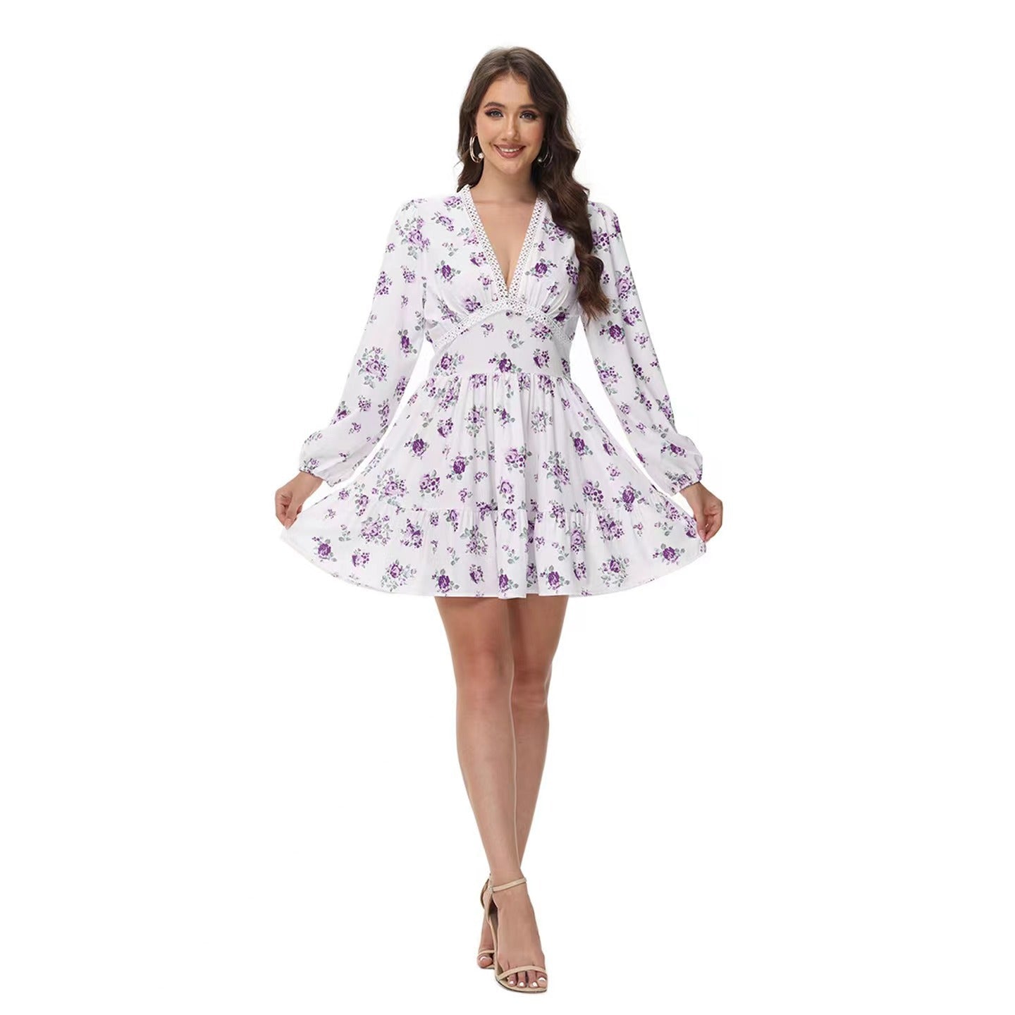 Women Floral Chiffon Mini Dress – Long Sleeve Boho V-Neck Dress