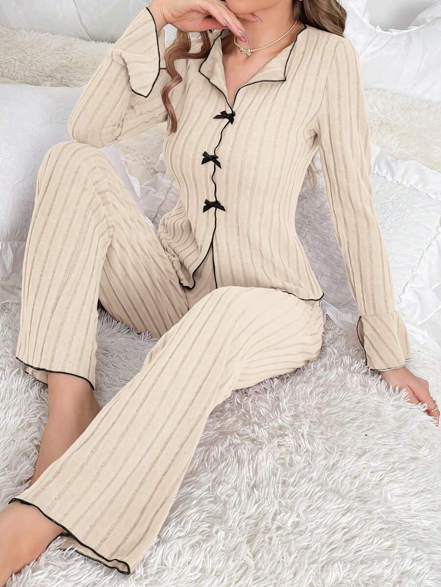 Women Ribbed Knit Pajama Set – Long Sleeve Button Top & Pants