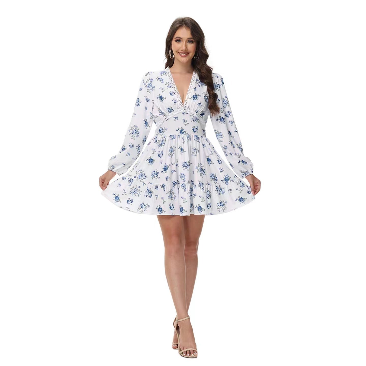 Women Floral Chiffon Mini Dress – Long Sleeve Boho V-Neck Dress