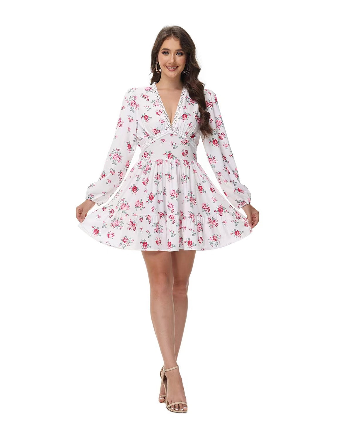 Women Floral Chiffon Mini Dress – Long Sleeve Boho V-Neck Dress